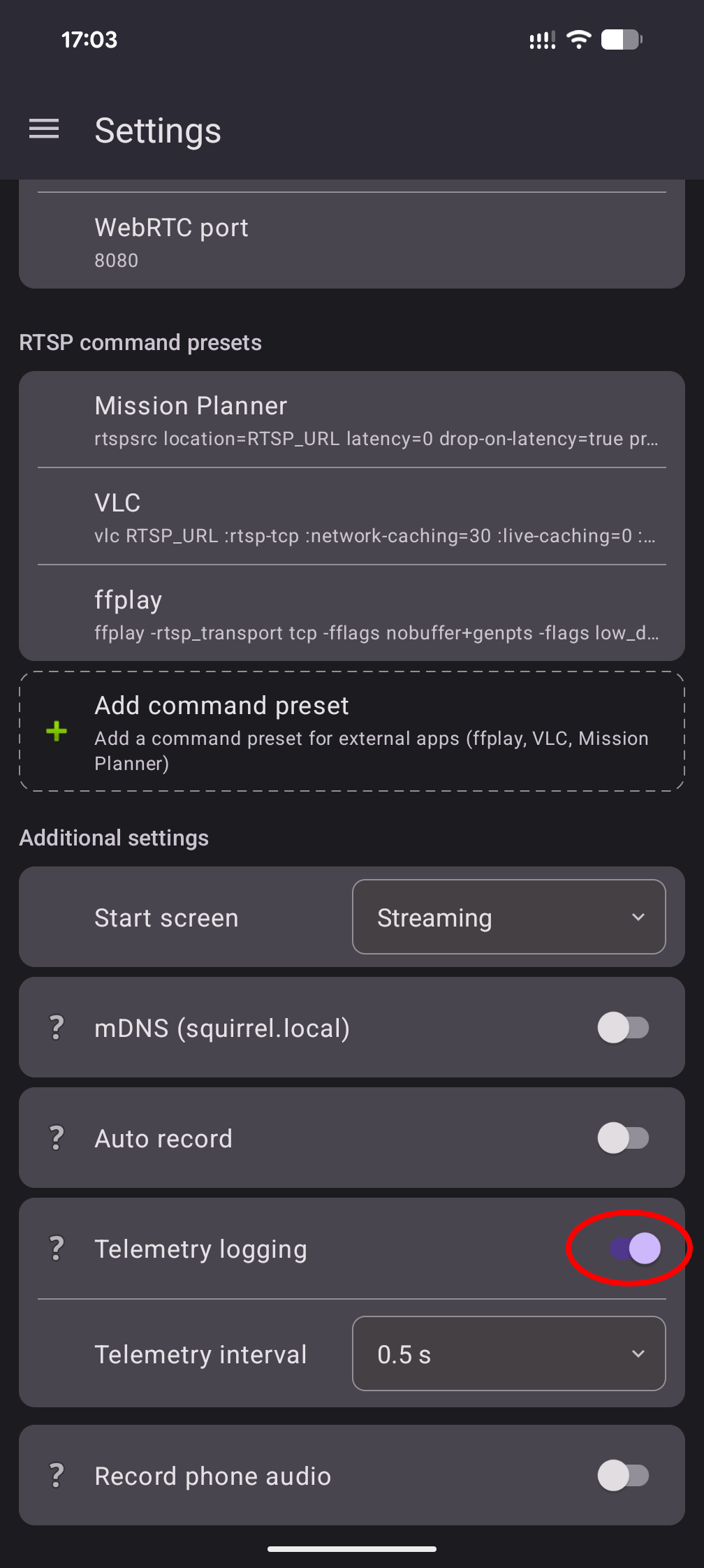 Telemetry logging option in settings