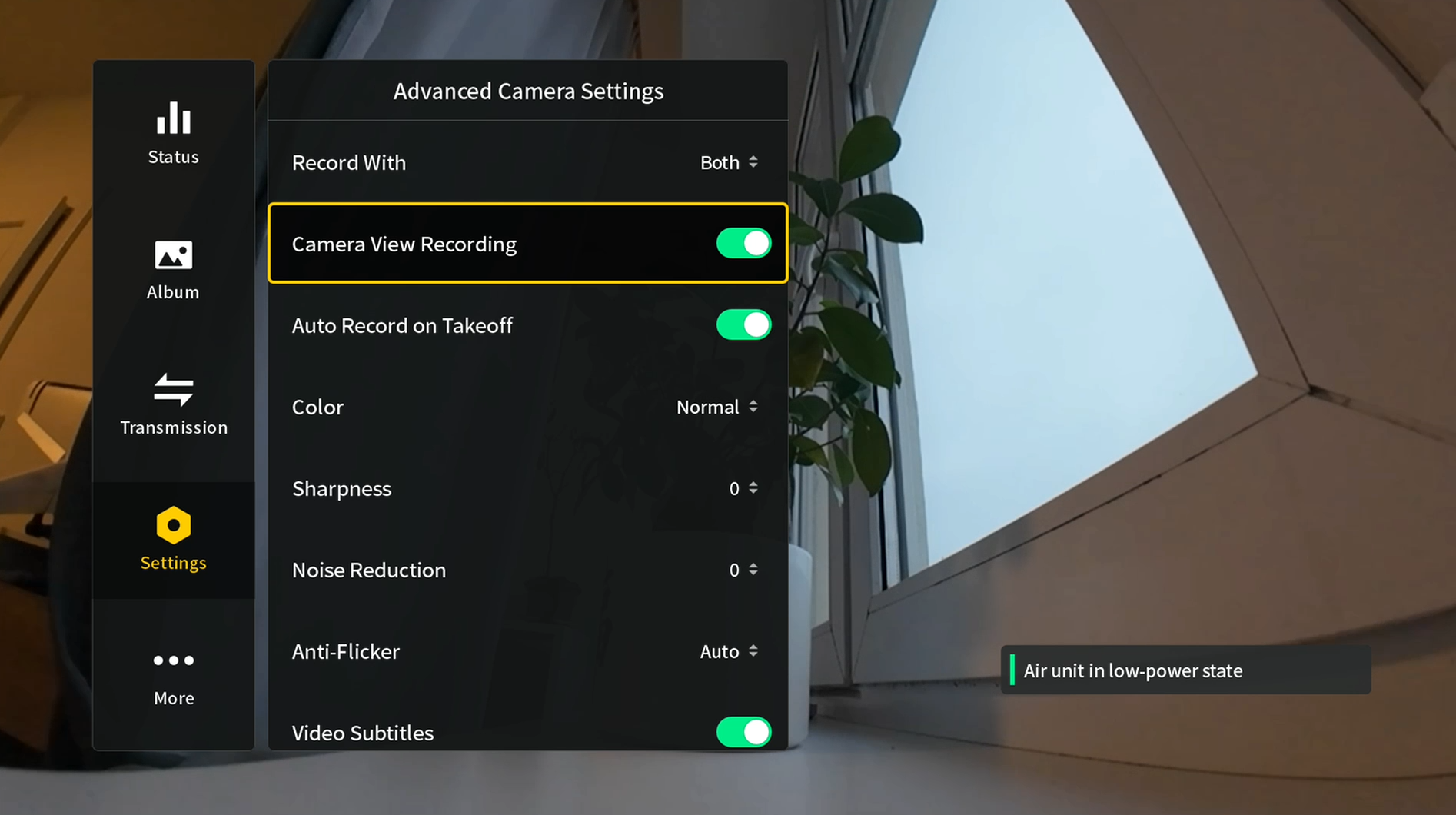Goggles setting: Camera View Recording