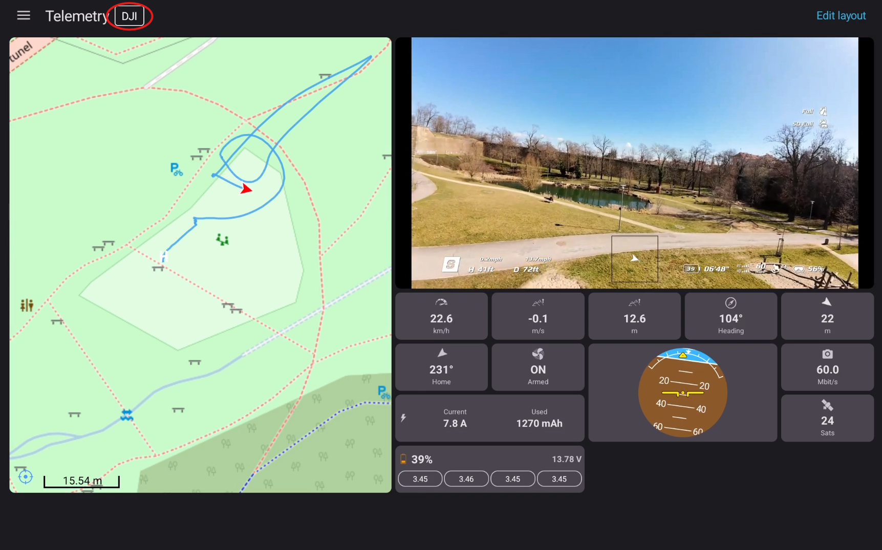 Telemetry tab showing the DJI telemetry indicator at the top
