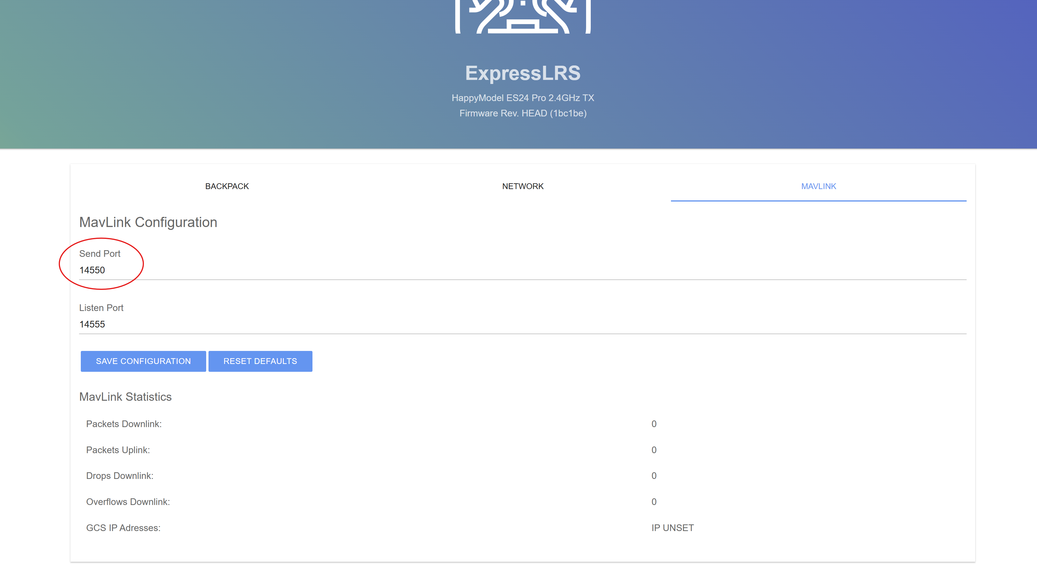 ELRS backpack web UI showing the SendPort setting