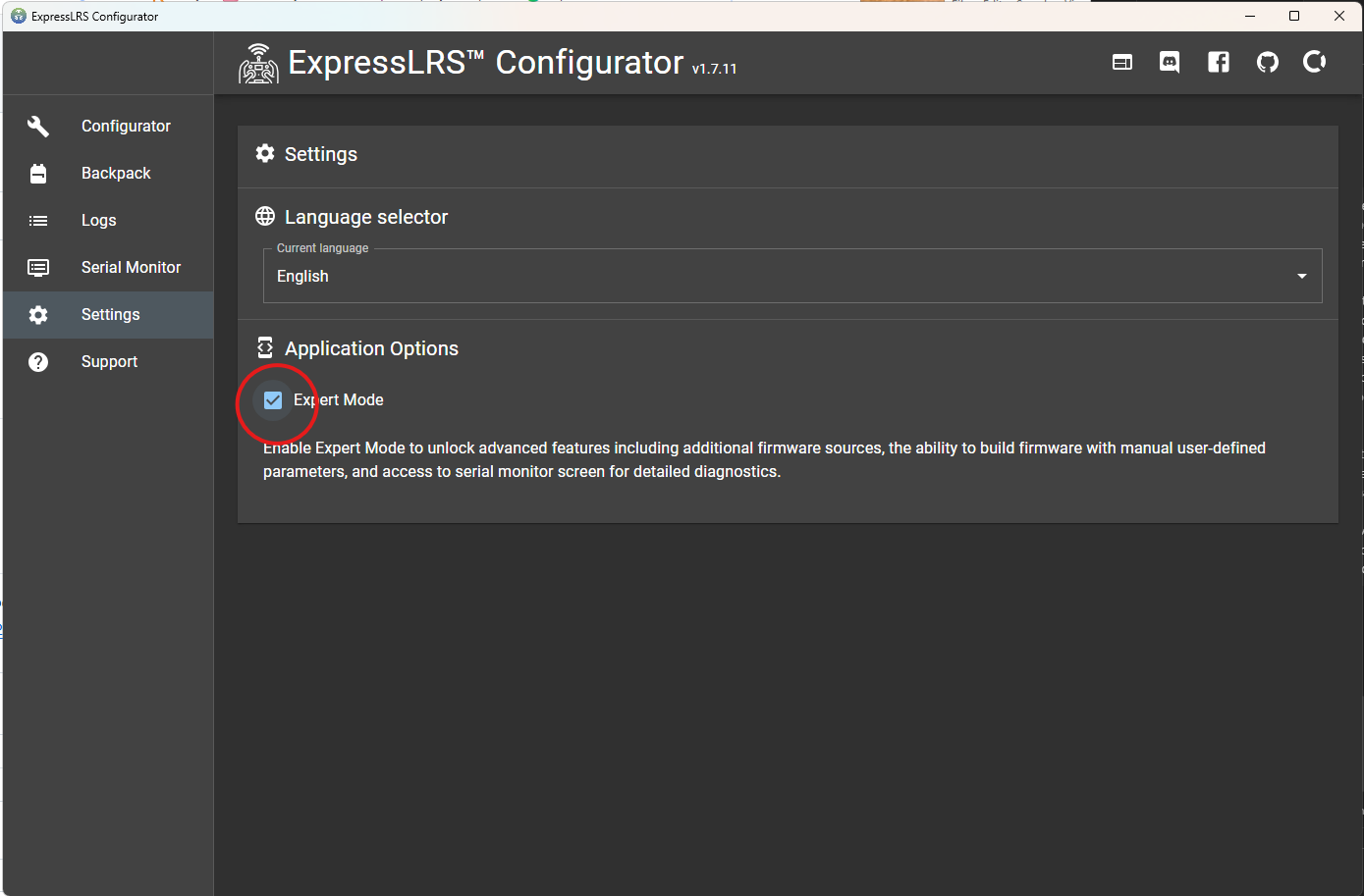 ExpressLRS Configurator with Expert Mode enabled