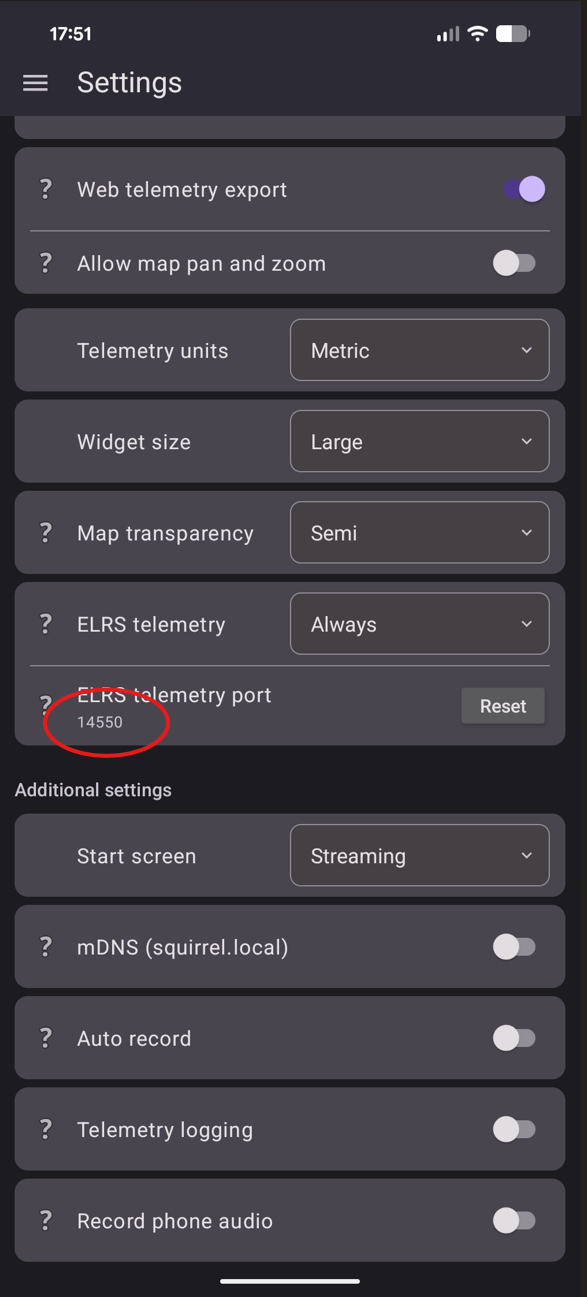 SquirrelCast settings showing the ELRS telemetry port option