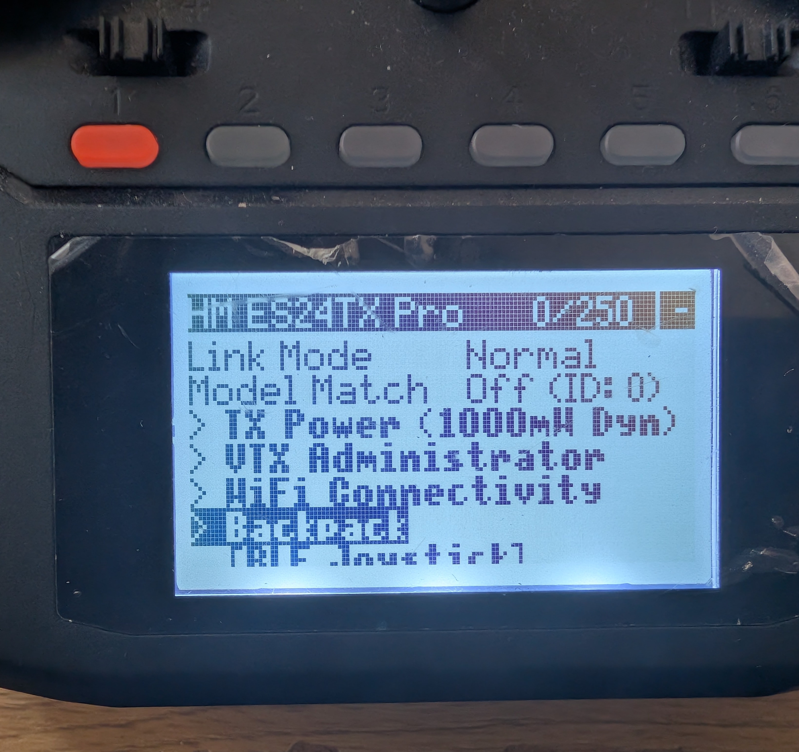 ExpressLRS Lua script opened to the Backpack page
