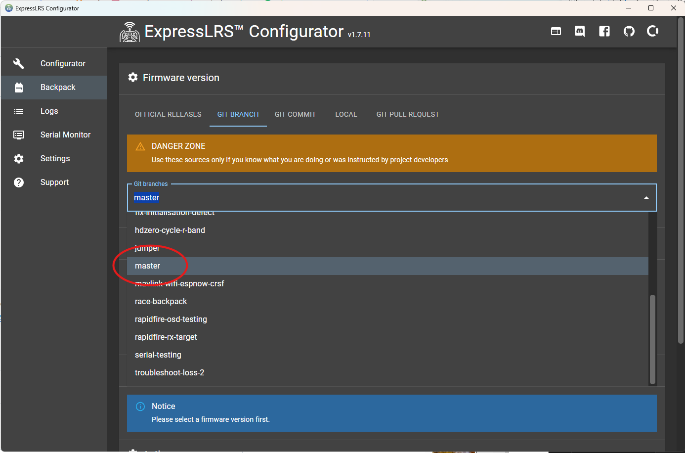 ExpressLRS Configurator with the Backpack Git branch set to master