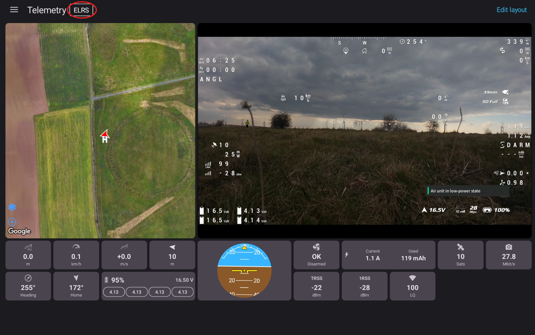 Telemetry tab showing the ELRS indicator at the top