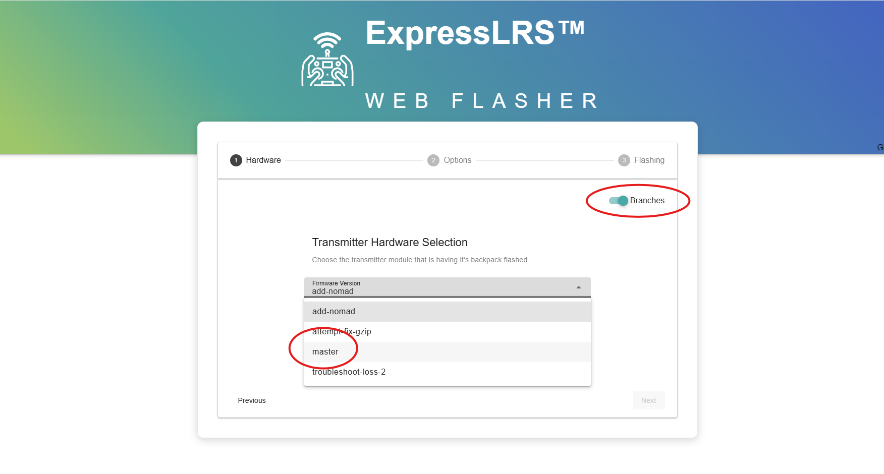 ExpressLRS Web Flasher showing Transmitter Module with Branches enabled and master selected
