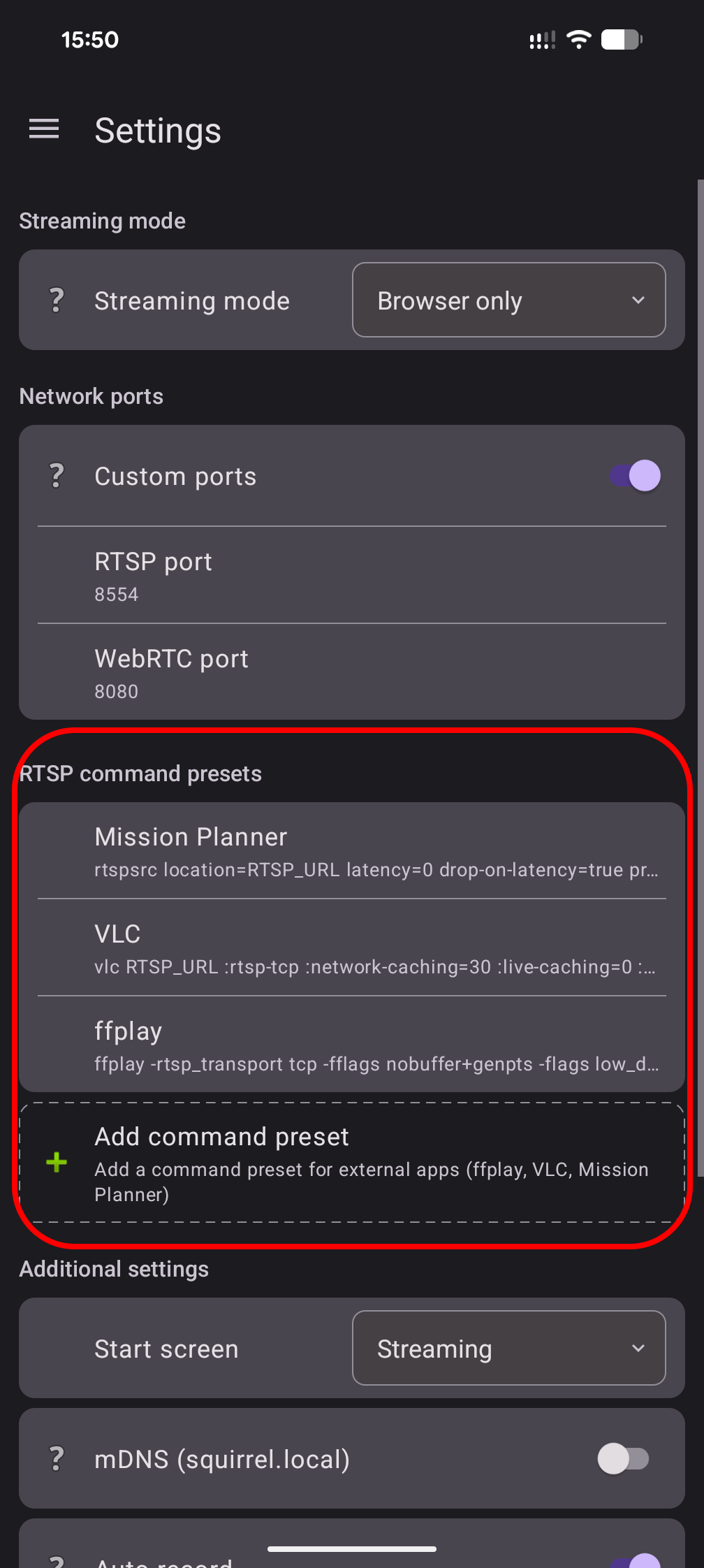 Launch commands presets for RTSP apps