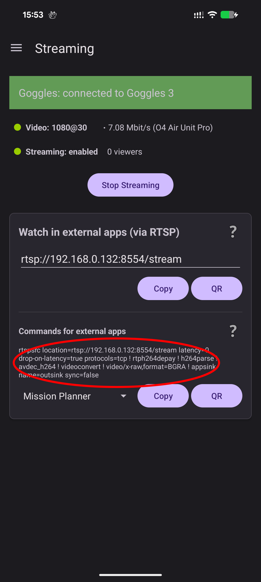 Mission Planner preset command shown in SquirrelCast