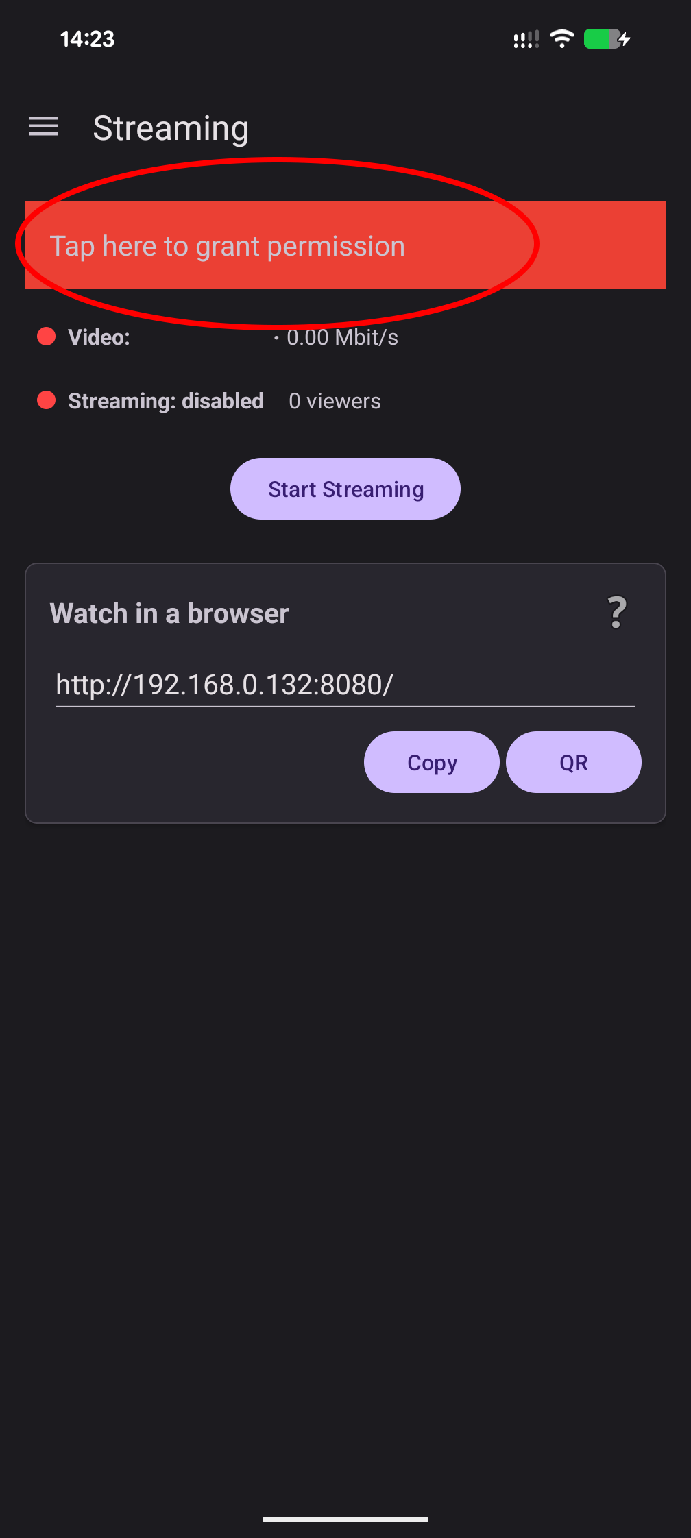 Permission denied screen, tap the button to request permission again