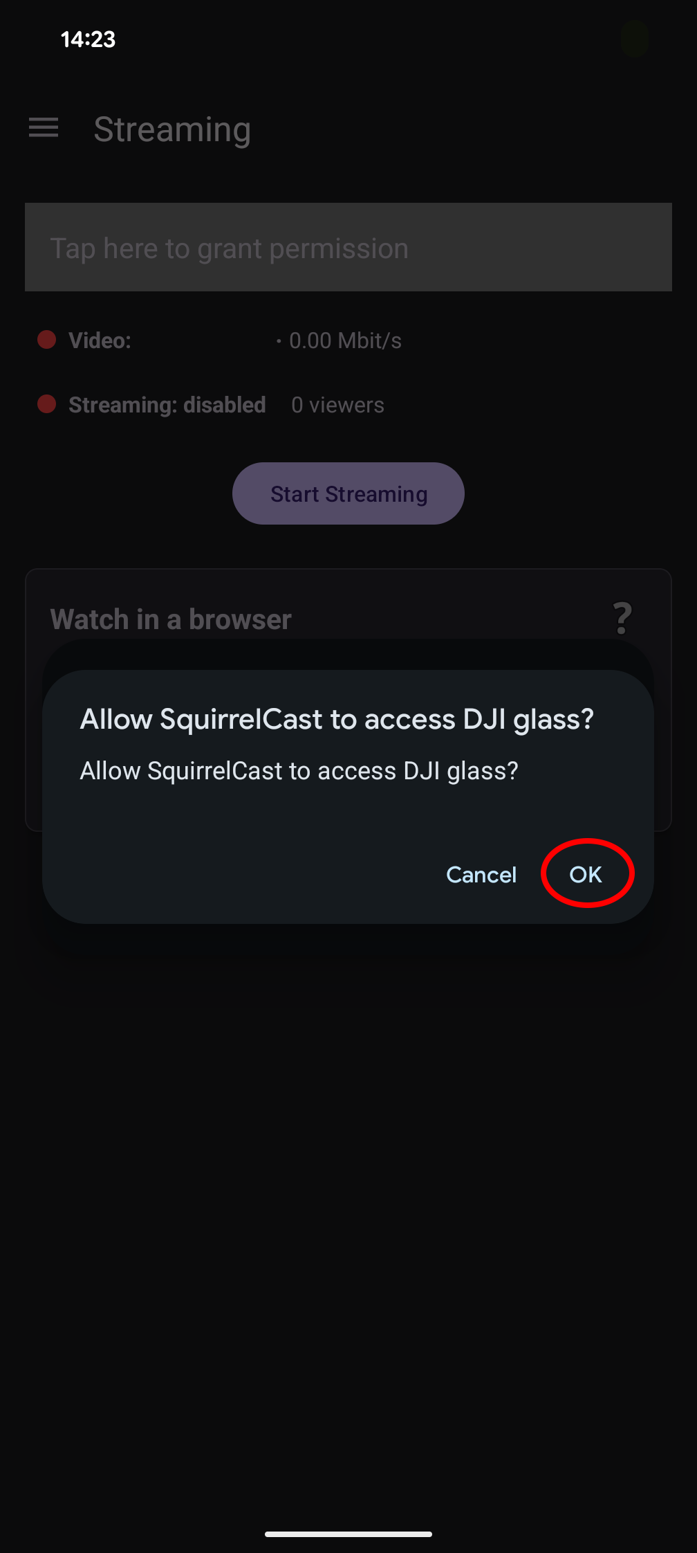 Android USB permission prompt, tap Allow