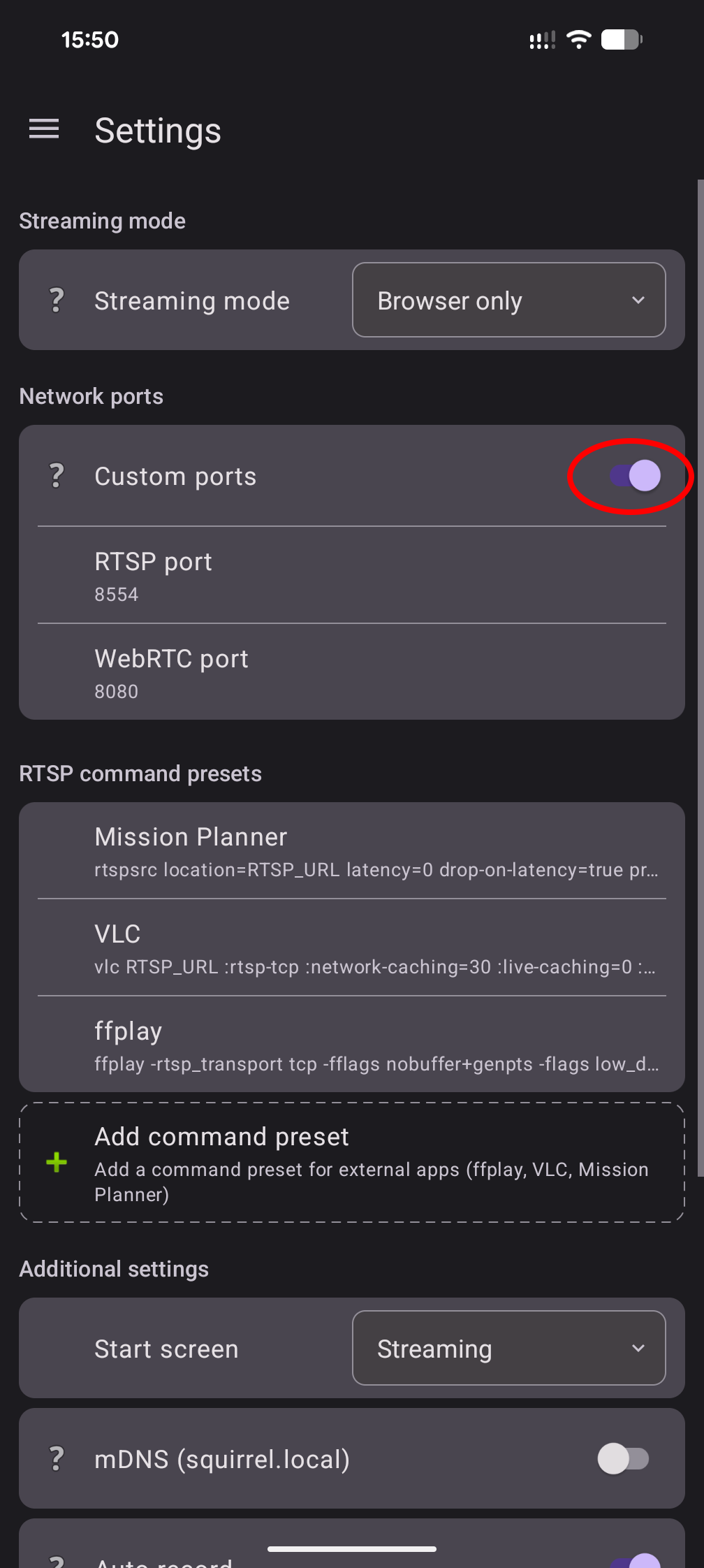Custom ports settings for WebRTC and RTSP
