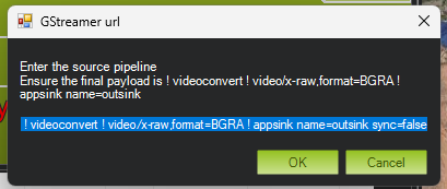 Paste the Gstreamer source command into the dialog