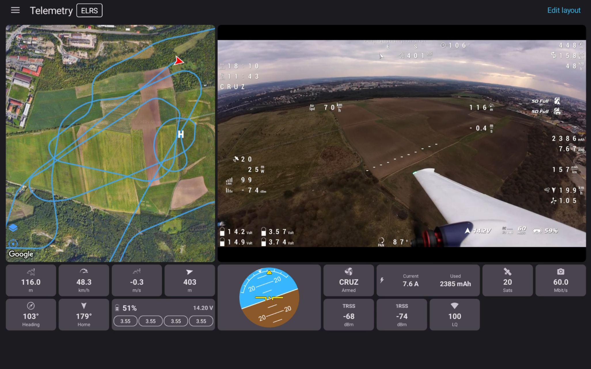 Telemetry shown inside the SquirrelCast app