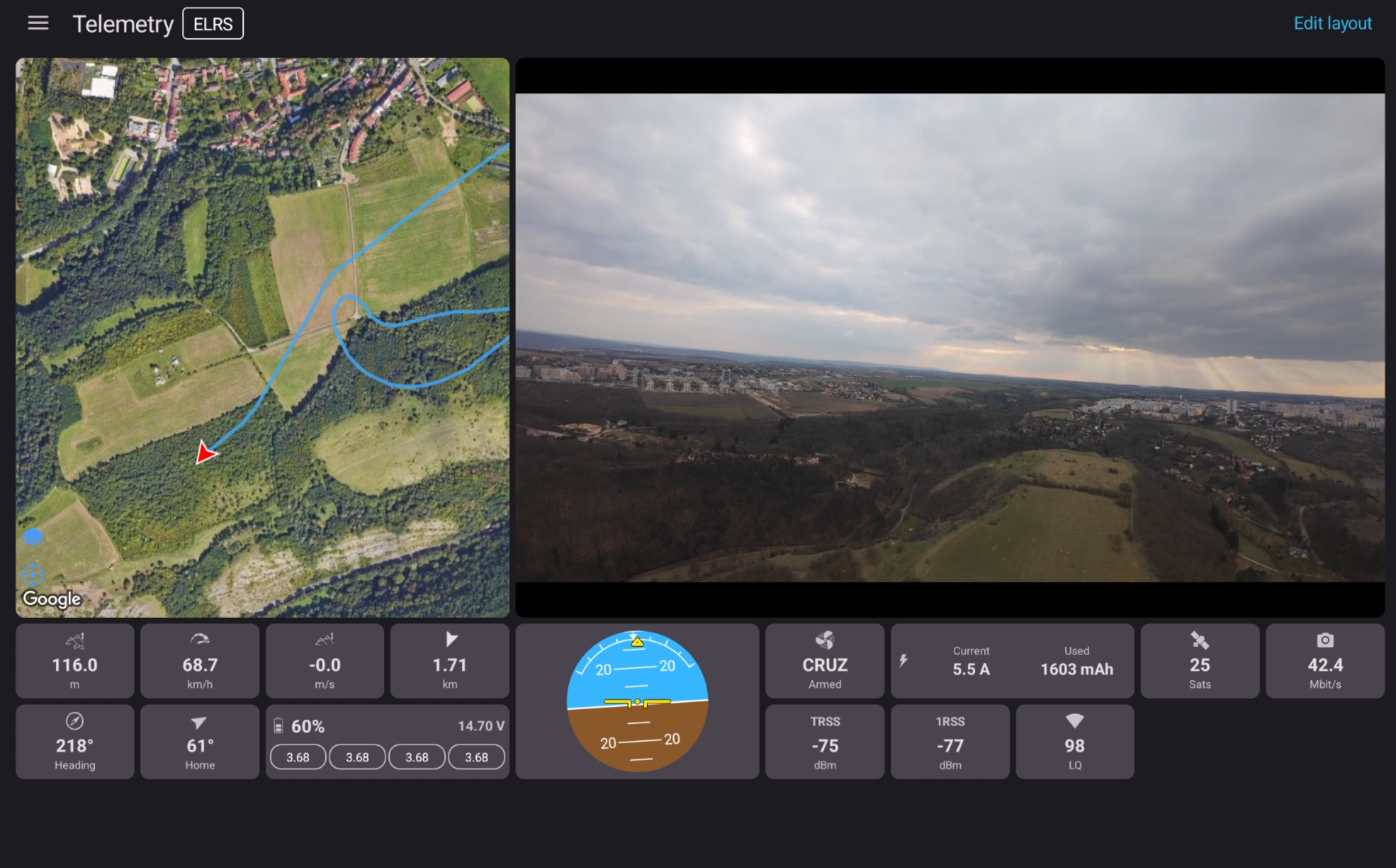 Telemetry tab used together with a clean video feed without OSD