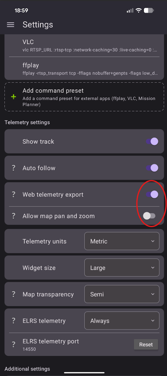 SquirrelCast settings showing the Web telemetry export option