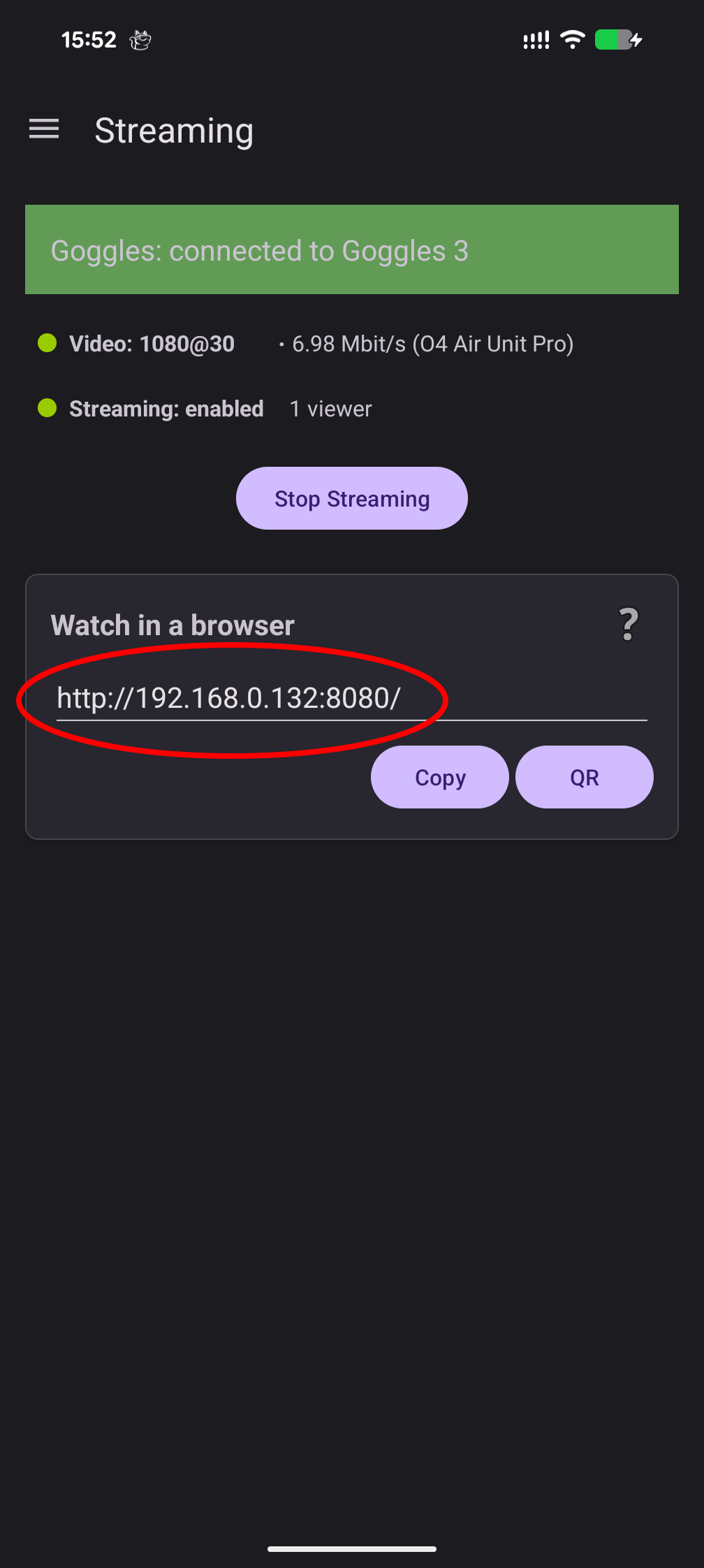 WebRTC URL shown in the app