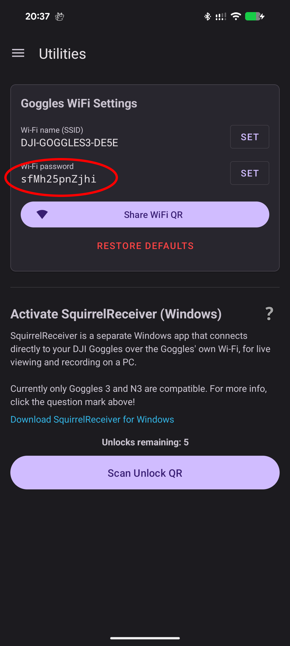 Configure goggles Wi-Fi settings from the Utilities tab